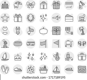 Editable thin line isolated vector icon set - gift, bow, hi quality package, plane, bus, tourist, passenger, lounger, palm, hawaiian wreath, disco ball, aquapark, starfish, baggage trolley, hotel