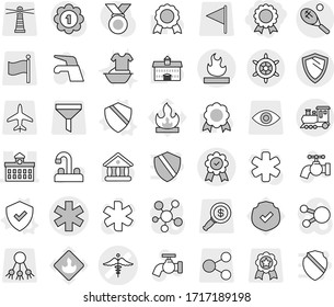 Editable thin line isolated vector icon set - medal, ambulance star vector, sign, university, flammable, train, tennis, shield, handwheel, water tap, handle washing, protected, lighthouse, funnel