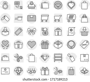 Editable thin line isolated vector icon set - gift, bow, shopping bag, box, label, sale, delivery, diamond, necklace, heart vector, health care, package, hi quality, parachute, pendant, rack, cart