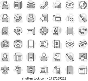 Editable thin line isolated vector icon set - mobile pay, phone, 24, support manager, location, camera, intercome, vector, laptop wifi, office, touchscreen, sim card, antenna signal, no, traking