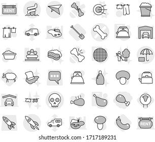 Editable thin line isolated vector icon set - chicken leg, bone vector, skull, flower bed, insurance, rocket, deltaplane, aquapark, satellite, kettle, sieve, sheep, shovel, eggplant, drying clothes