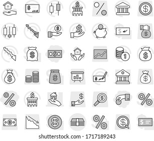 Editable thin line isolated vector icon set - hand coin, money, percent, library, real estate, house hold vector, bank, japanese candle, crisis, bag, piggy, investment, stack, check, building, gift