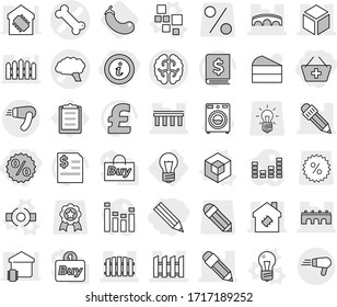 Editable thin line isolated vector icon set - pencil, add to basket, percent, info, bone vector, brain, bridge, 3d, smart house, fence, bulb, blocks, connect, eggplant, washer, cake, annual report