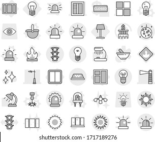 Editable thin line isolated vector icon set - lighthouse, window, outdoor light, traffic, alarm, taxi, sun, disco ball, bulb, power switch, floor lamp, vector, led, ladle, laser, siren, shining, eye