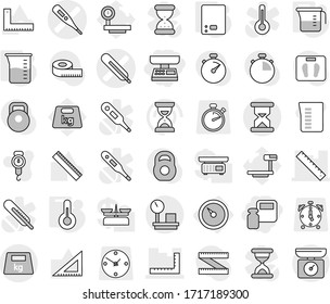 Editable thin line isolated vector icon set - market scales, weight, medical thermometer vector, ruler, sand clock, warehouse, heavy, barometer, measuring cup, kitchen, corner, stopwatch, big, alarm