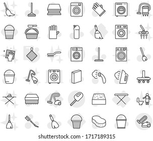 Editable thin line isolated vector icon set - iron board, washing machine, broom, bucket, vacuum cleaner, rag, vector, mop, sponge, car fetlock, steaming, powder, cleaning agent, rubber glove, brush
