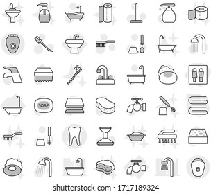 Editable thin line isolated vector icon set - wc, tooth vector, water tap, sink, bath, towel, soap, fetlock, mop, sponge, car, toilet brush, liquid, shower, with foam, basin, paper, epilator