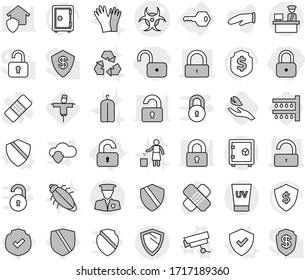 Editable thin line isolated vector icon set - lock, unlock, biohazard vector, customs control, security man, uv cream, safe, shield, unlocked, key, surveillance camera, watering, hand leaf, gloves