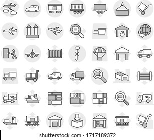 Editable thin line isolated vector icon set - journey, warehouse, plane, delivery, truck shipping, car, loading crane, consolidated cargo, trolley, top sign, do not hook, courier, package, search