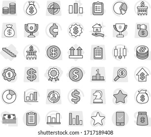 Editable thin line isolated vector icon set - dollar coin, medal, clipboard, mobile checking, stairs, chart vector, housing, award cup, graph, pie, japanese candle, money bag, growth, bank building