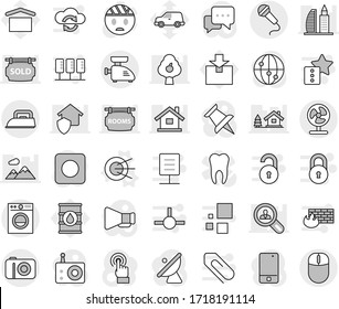 Editable thin line isolated vector icon set - satellite vector, car, dry cargo, package, oil barrel, antenna, radio, loudspeaker, internet, mobile phone, touchscreen, dialog, thumbtack, rec button