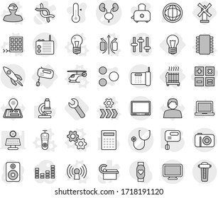 Editable thin line isolated vector icon set - calculator, stethoscope vector, kidneys, rocket, bulb, radiator, mixer, gears, magnetic field, chip, helicopter, antenna, remote control, vr helmet, dna