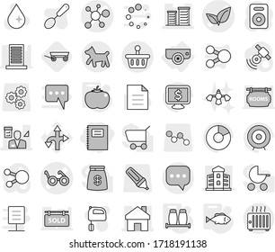 Editable thin line isolated vector icon set - copybook, virus vector, pacemaker, leafs, home, building, district, architector, sms, basket, dog, surveillance camera, salt pepper, tomato, fish, mixer