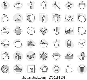 Editable thin line isolated vector icon set - mortar vector, leafs, perishable, landscape, flower in window, vegetable oil, gas oven, eggs, mushroom, beans, lemon, field, flour, grape, corn, sheep