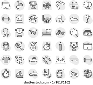Editable thin line isolated vector icon set - t shirt, dome house, stopwatch, car baggage, deltaplane, bike, motorcycle, diving mask, tennis, golf, jet ski, pool, award cup vector, barbell, stadium