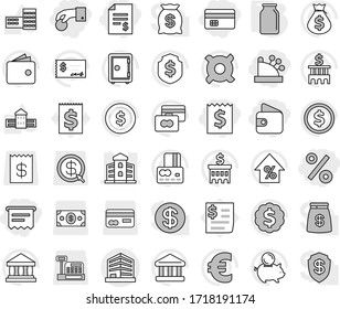 Editable thin line isolated vector icon set - hand coin, credit card, receipt, account balance, wallet, percent, cashbox, atm, building, office, bank, school vector, dollar, growth, money bag, piggy