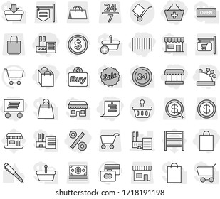 Editable thin line isolated vector icon set - add to basket, store, shopping list, market, bag, percent, bar code, cashbox, delivery, mall, trolley, pen vector, dollar coin, cart, credit card, shop