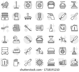 Editable thin line isolated vector icon set - iron, washing machine, kettle, gas oven, blender, food processor, water tap vector, vacuum cleaner, fetlock, mop, sponge, car, powder, rubber glove