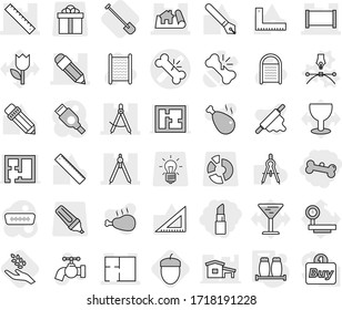 Editable thin line isolated vector icon set - lipstick, bone, broken vector, draw compass, pencil, project, fence, ruler, drawing compasses, plan, pen, salt pepper, shovel, harvest, acorn, water tap