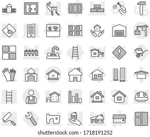 Editable thin line isolated vector icon set - tools, greate wall, bridge, under construction, home, skyscrapers, skyscraper, minaret, slum, house with garage, panel, window, block, stairs, repair