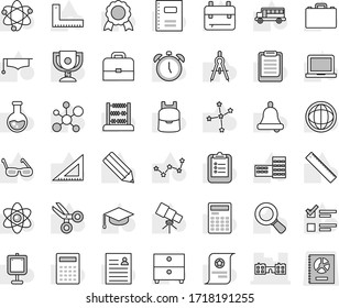 Editable thin line isolated vector icon set - school, copybook vector, graduate hat, pencil, building, corner ruler, drawing compass, glasses, case, backpack, atom, telescope, bell, calculator, bus