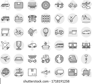 Editable thin line isolated vector icon set - journey, plane, delivery, truck shipping, car, scooter, package box, consolidated cargo, fragile, trolley, do not sign, hook, pallet, train, taxi, bike