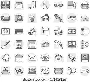 Editable thin line isolated vector icon set - calculator, pacemaker vector, fountain, pencil, train, camera, photo, home, phone, broom, bell, printer, big spoon, pretzel, tractor, welcome mat, pen