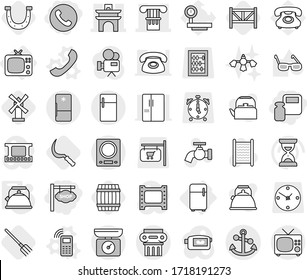 Editable thin line isolated vector icon set - scales weight, shop signboard, phone, column, arch, anchor, antique, tv, fridge, mobile vector, kettle, fork, sickle, barrel, horseshoe, windmill, big