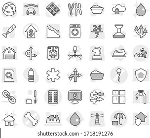 Editable thin line isolated vector icon set - pills blister vector, bone, sperm, project, barn, insurance, surfer, drop, iron, drawing pen, car fetlock, toilet brush, washer, foam basin, blender