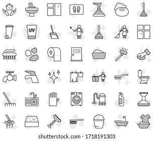 Editable thin line isolated vector icon set - uv cream, soap vector, plunger, scraper, water tap, vacuum cleaner, fetlock, scoop, rake, bucket, sponge, trash bin, car, shining, window cleaning, bath