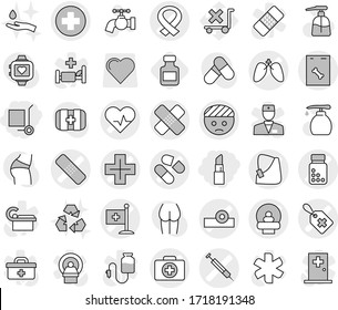 Editable thin line isolated vector icon set - cargo stoller, lipstick, medical cross vector, heart pulse, bandaged head, label, doctor case, patch, pill, pills bottle, reflector, tomography, harness