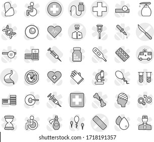 Editable thin line isolated vector icon set - medical cross vector, patch, ambulance car, dropper, stomach, scalpel, doctor, syringe, liquid soap, rubber glove, school building, disabled, vial, dna