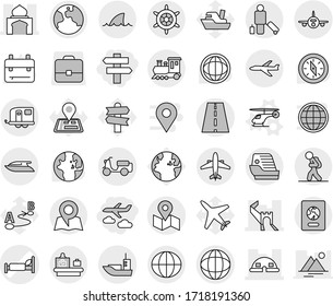 Editable Thin Line Isolated Vector Icon Set - Journey, Singlepost, Hospital Bed Vector, Greate Wall, Minaret, Dome House, Road, Globe, Plane, Sea Shipping, Scooter, Map, Earth, Train, Trailer, Yacht