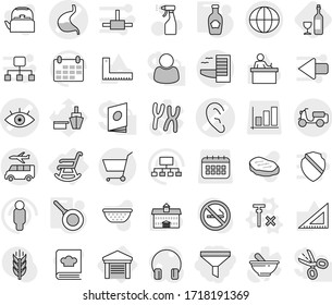 Editable thin line isolated vector icon set - funnel, eye vector, ear, stomach, scooter shipping, globe, hotel, transfer, cart, rocking chair, garage, no signal, pan, ketchup, wine, sprayer, kettle