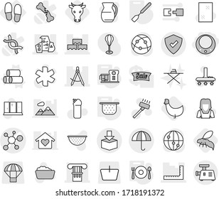 Editable thin line isolated vector icon set - necklace, virus vector, column, draw compass, ruler, modern architecture, block wall, dry cargo, package, protected, slippers, pipes, colander, spatula
