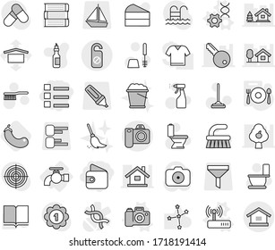 Editable thin line isolated vector icon set - wallet, list, do not distrub, water tap, dna edit vector, router, camera, fork spoon plate, eggplant, fetlock, mop, toilet, brush, sprayer, broom, cake
