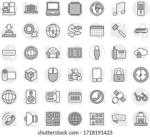 Editable thin line isolated vector icon set - calculator, female sign vector, pacemaker, modern architecture, modular house, globe, phone, watch, intercome, coffee maker, window, cpu, press, 3d, man