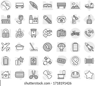 Editable thin line isolated vector icon set - ticket, broken bone vector, medical harness, mansion, bridge, building helmet, phone 24, rocket, motorcycle, camera, electricity, scoop, welcome mat
