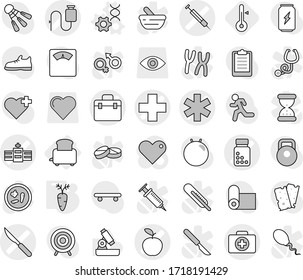 Editable thin line isolated vector icon set - doctor bag vector, medical cross, ambulance star, case, pills bottle, hospital, apple, dropper, scalpel, syringe, toaster, dna edit, carrot, thermometer