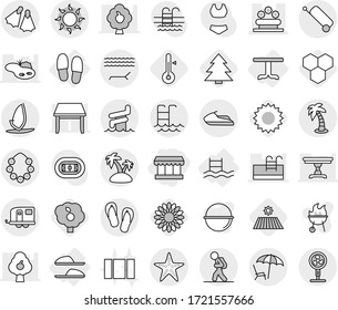 Editable thin line isolated vector icon set - market, flower bed, trailer, tourist, suitcase, lounger, sun, palm, island, hawaiian wreath, pool, aquapark, starfish, flippers, jet ski, windsurfing