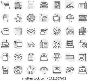 Editable thin line isolated vector icon set - phone, tv, baby stroller, disco ball, dresser, stool, chair, fridge, kettle, walnut crack, hand mill, washboard vector, apron, turk coffee, glasses
