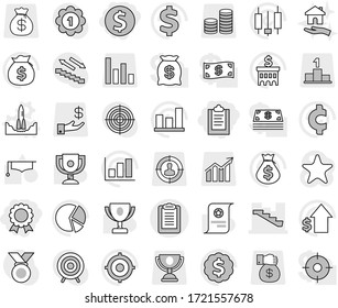 Editable thin line isolated vector icon set - clipboard, dollar coin, medal, stairs, rocket start vector, housing, graduate hat, award cup, certificate, graph, pie, japanese candle, money bag, stack