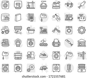 Editable Thin Line Isolated Vector Icon Set - Tower Crane, Atm, Washing Machine, Mixer, Coffee Maker, Welding Vector, Printer, Conveyor, Robot Hand, Plow, Soil Cutter, Harvester, Tractor, Washer