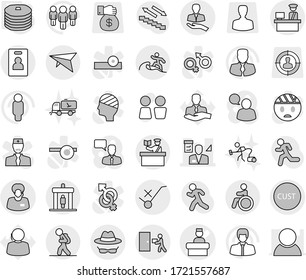 Editable thin line isolated vector icon set - hospital recieption vector, architector, client, support manager, customs, control, do not trolley sign, courier delivery, confidential, deltaplane, man