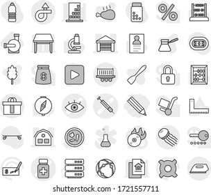 Editable thin line isolated vector icon set - pencil, eye vector, pills bottle, syringe, garage, house, trip, truck shipping, hi quality package, jellyfish, water pump, spatula, turk coffee, cereal
