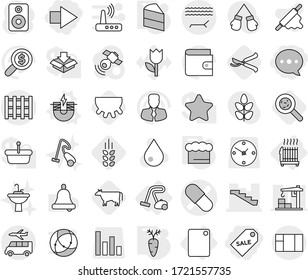 Editable thin line isolated vector icon set - sale label, right arrow, balloon, pill vector, stairs, pallet, lounger, transfer, radiator, cutting board, vacuum cleaner, electric magnet, chief hat