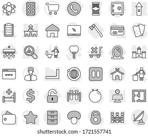 Editable thin line isolated vector icon set - phone, pills blister vector, test vial, archive, tower, castle, ruler, fort, palace, bungalow, safe, mirror, unlocked, air conditioning, orbit, axe