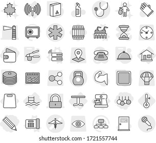 Editable thin line isolated vector icon set - pencil, wallet, sale, ambulance star vector, stethoscope, sign, lighthouse, lock, heavy, home, wireless, table, coffee maker, cutting board, pool, trash
