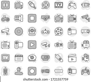 Editable thin line isolated vector icon set - surveillance, intercome, camera, web vector, vr helmet, projector, cd, cinema clap, film spool, tv, gamepad, video, remote control, play button, pause