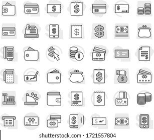 Editable thin line isolated vector icon set - credit card, receipt, account balance, mobile pay, cashbox, vector, wallet, coin stack, check, dollar cursor, purse, money, gift, reader, tap
